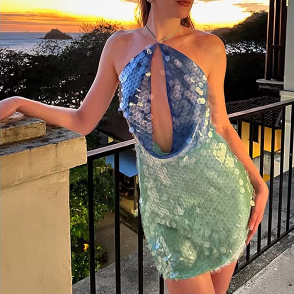 Elegant Blue and Green Sequin Halter Dress